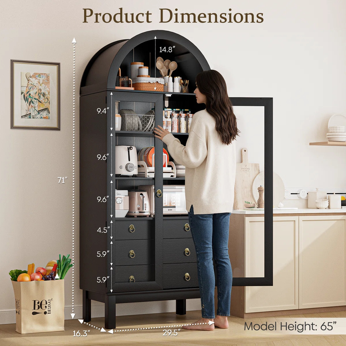 Arched acrylic storage cabinet - Double doors and three drawers (black) | Wayfair North America