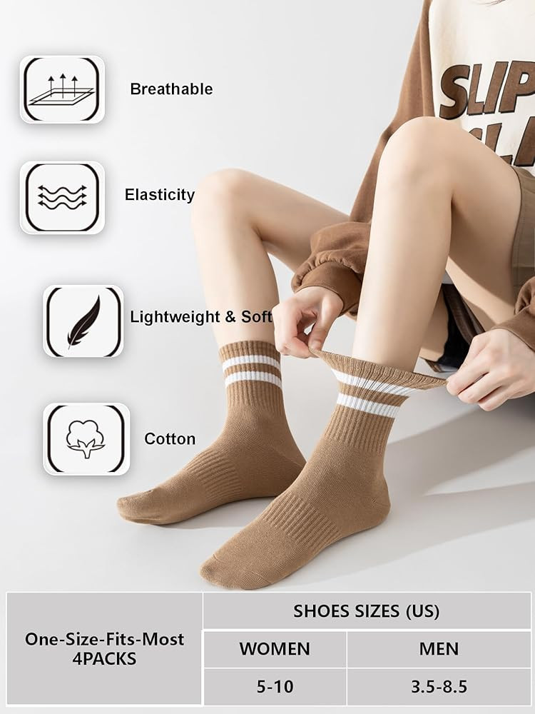 YUWELL Womens Striped Crew Socks, Cotton Cozy Casual Socks for Women 4 Pairs, Size 5-10 | Amazon (US)