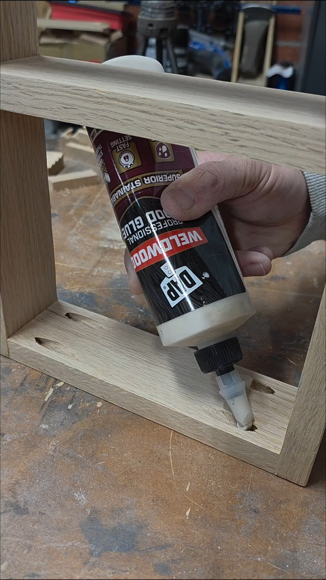 Time to fill pocket holes. We use DAP Weldwood wood glue every time! #woodworking #pocketholes 

 #LTKHome