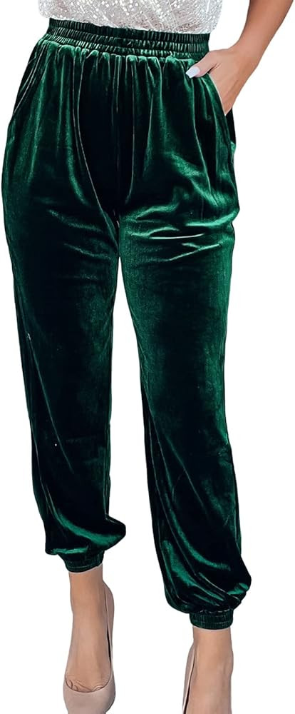 Cyparel Womens Elastic Waist Velvet Trousers Casual High Waist Joggers Loose Straight Leg Long Pa... | Amazon (US)