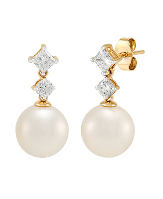 White Ming Cultivated Pearl (9-10mm) and Lab Grown Diamond Earrings (3/4 ct. t.w.) in 10k Yellow ... | Macy's