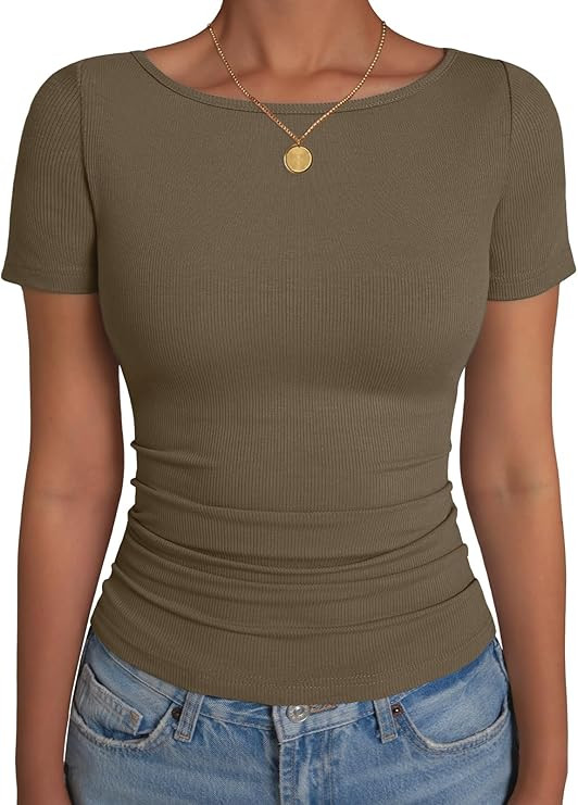 Women's Boat Neck Tops Ribbed Short Sleeve T-Shirts Slim Fitted Tight Y2k Basic Tee Spring Clothe... | Amazon (US)
