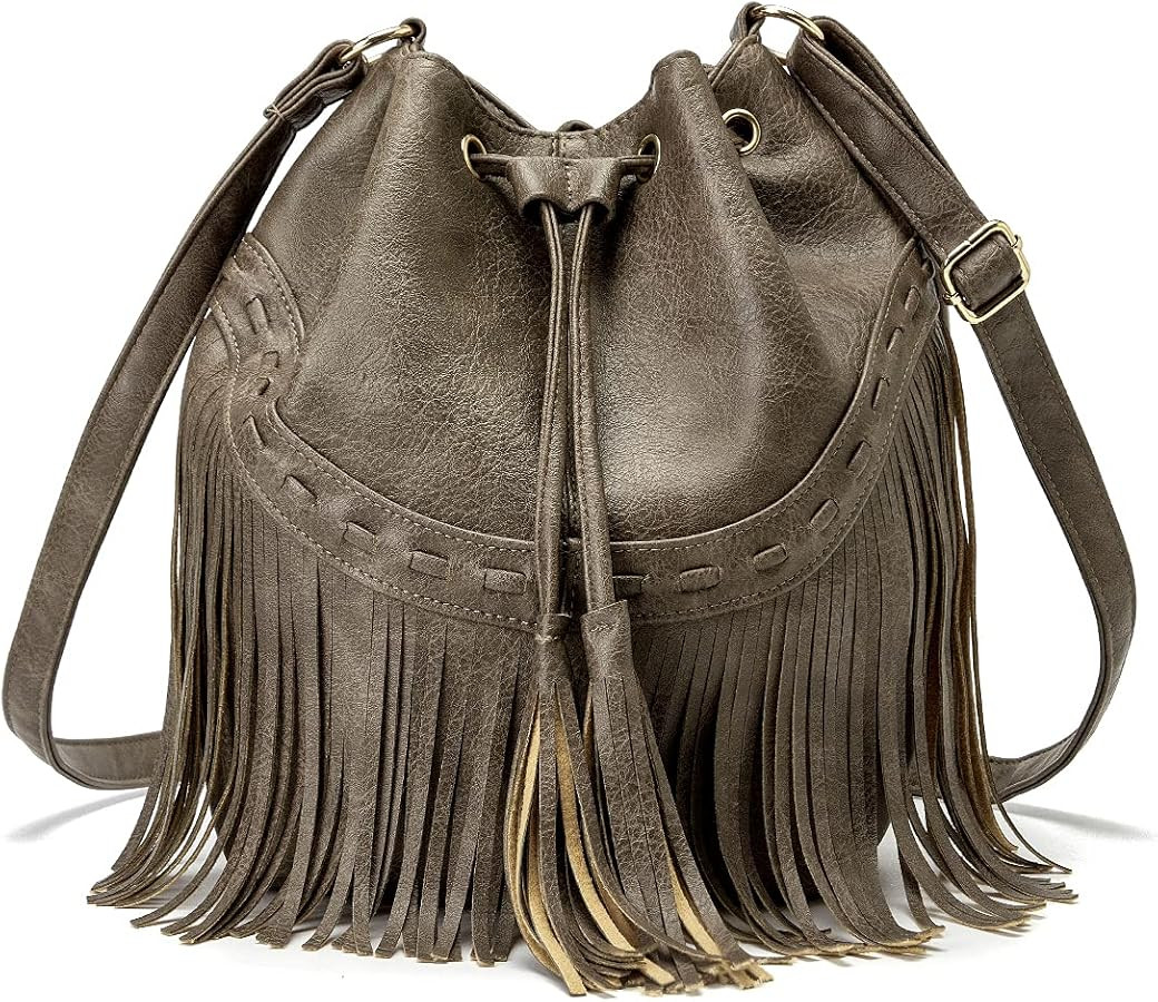 Leather Bucket Bags for Women Crossbody Fringe Purses with Drawstring Ladies Tassel Hobo and Shou... | Amazon (US)