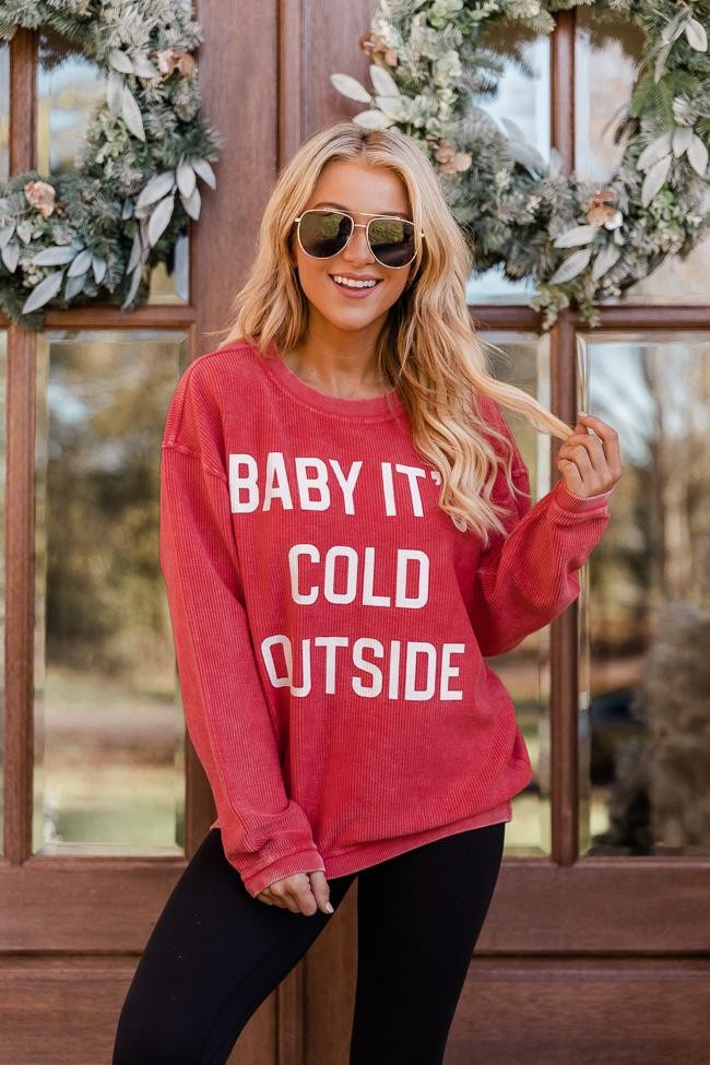 Baby It's Cold Outside Block Red Corded Graphic Sweatshirt | The Pink Lily Boutique