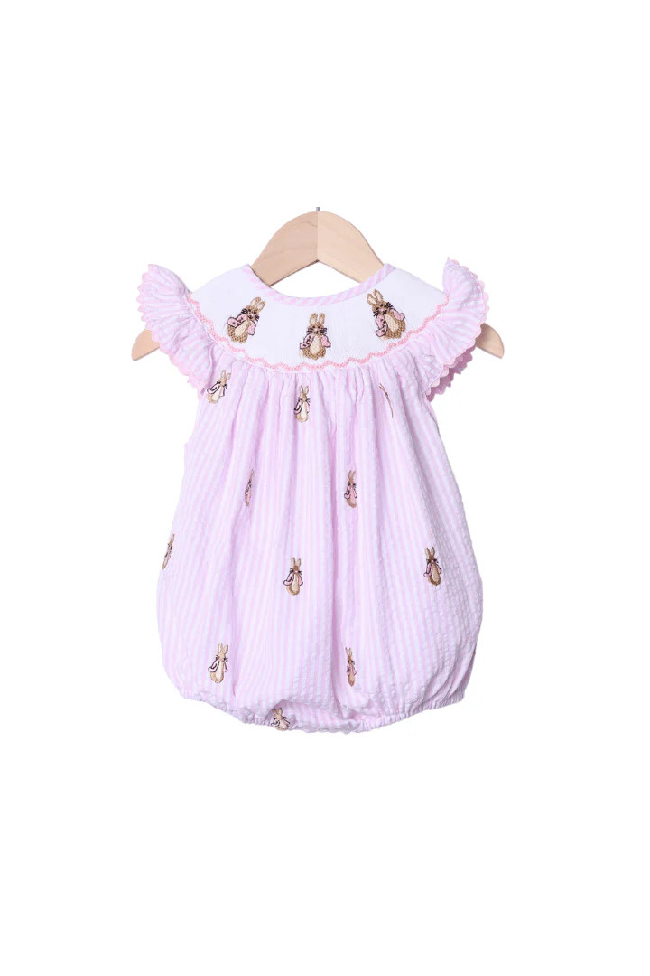 Smocked Peter Rabbit Pink Seersucker Embroidered Bishop Bubble | The Smocked Flamingo