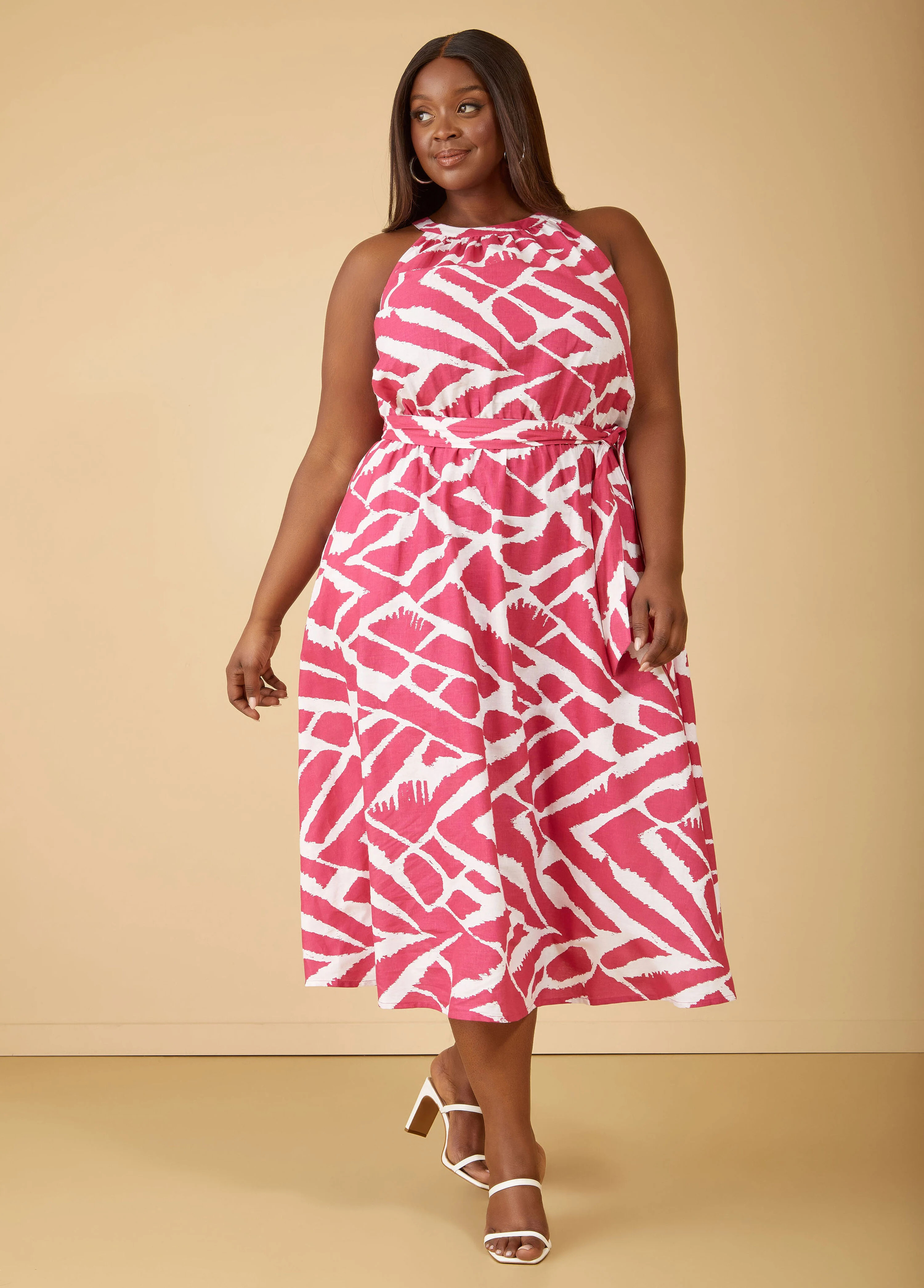 Printed Linen Blend A Line Dress | Ashley Stewart