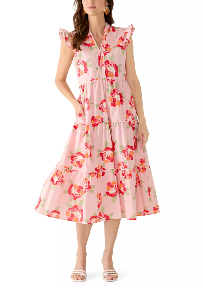 Women's Flutter Sleeve Tiered Floral Midi Dress | Belk