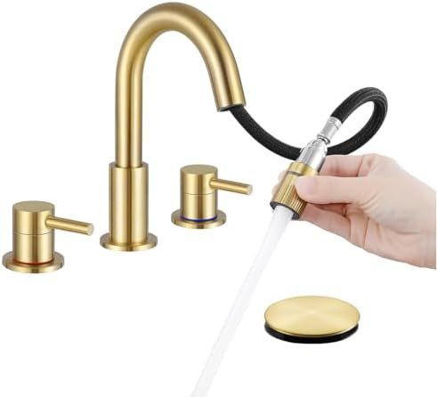 IUERASD Brushed Gold Bathroom Faucet 3 Hole with Pull Out Sprayer, 8 inch Widespread Bathroom Fau... | Amazon (US)