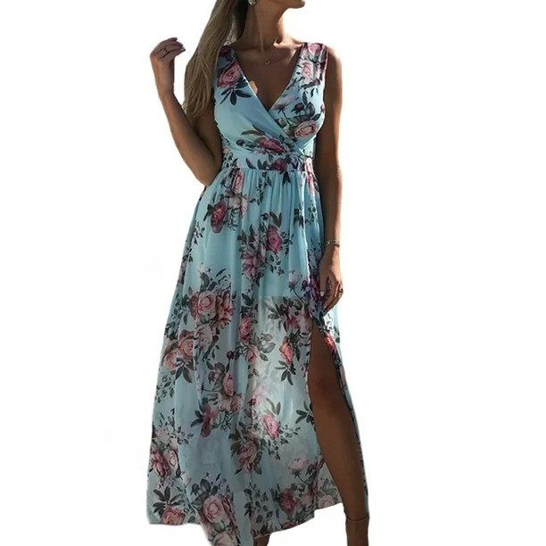 Spring hue Women Dress Sleeveless Floral Deep V-Neck High Split Dress - Walmart.com | Walmart (US)