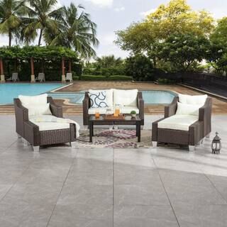 7-Piece Wicker Patio Conversation Set with Beige Cushions | The Home Depot