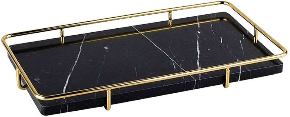 PuTwo Decorative Tray Black Marble Tray with Polished Gold Metal Handles Jewelry Tray Handmade Ca... | Amazon (US)