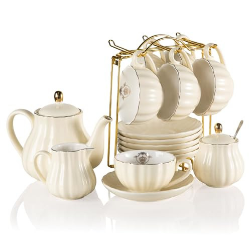 Sweejar Porcelain Tea Sets British Royal Series, 8 OZ Cups & Saucer Service for 6, with Teapot Sugar Bowl Cream Pitcher Teaspoons and Tea Strainer, Suitable for High Tea, Wedding, Party（Beige） | Amazon (US)