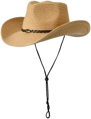 Western Straw Cowboy Hat for Women Beach Sun Hat for Men Wide Brim Fedora Hat Cowgirl Hats Summer... | Amazon (US)