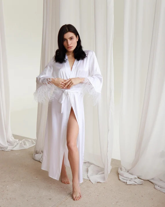 Pure Silk Bridal Robe With Feather Sleeves White Silk Boudoir | Etsy | Etsy (US)