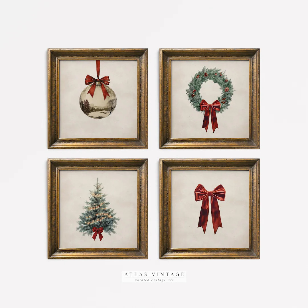 Vintage Christmas Printable Wall Art, Christmas Set of 4 Square Prints, Winter Gallery Wall Set, ... | Etsy (US)