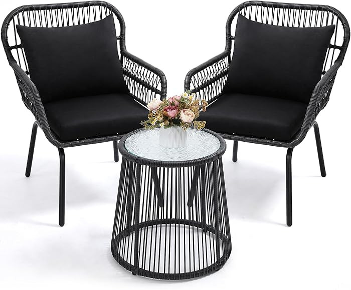 3 Pieces Rattan Wicker Bistro Set, Outdoor Conversation Set, Wicker Furniture Set with Glass Top ... | Amazon (US)