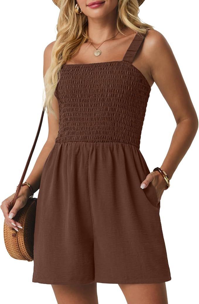 Lepunuo Womens Rompers for Summer Casual Smocked Jumpers Overalls Square Neck Jumpsuits with Pock... | Amazon (US)