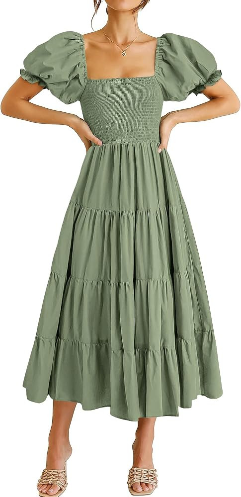 ANRABESS Women's Casual 2024 Summer Fashion Midi Dress Puff Short Sleeve Square Neck Smocked Tier... | Amazon (US)