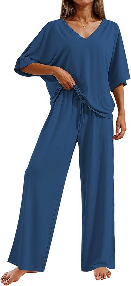Ekouaer Pajama Sets for Women 2 Piece Lounge Set Short Sleeve Tops and Long Pants Soft Comfy Pjs ... | Amazon (US)