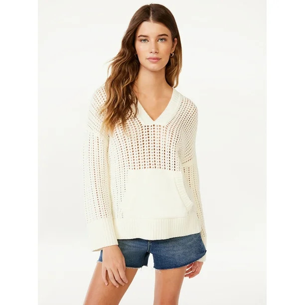 Free Assembly Women's Crochet Sweater Hoodie with Kangaroo Pocket - Walmart.com | Walmart (US)