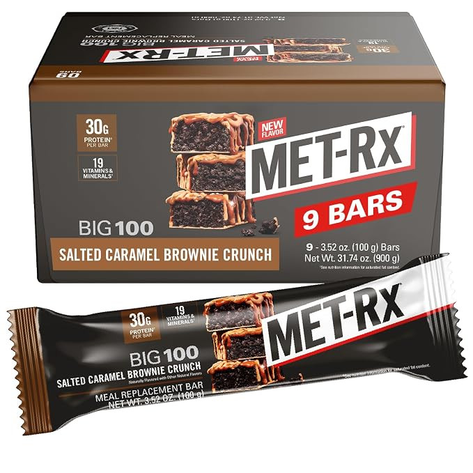 MET-Rx Big 100 Protein Bar, Meal Replacement Bar, 30G Protein, Salted Caramel Brownie Crunch, 9 C... | Amazon (US)