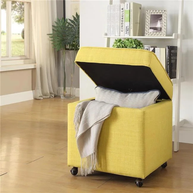 Posh Living Ruby Linen Modern Contemporary Hidden Storage Castered Legs Ottoman Cube - Yellow - W... | Walmart (US)