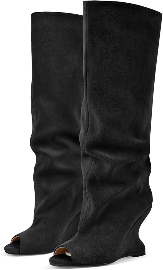 Women's Wedge Knee High Sandal Boots Peep Toe Slouchy Pull On High Heels | Amazon (US)