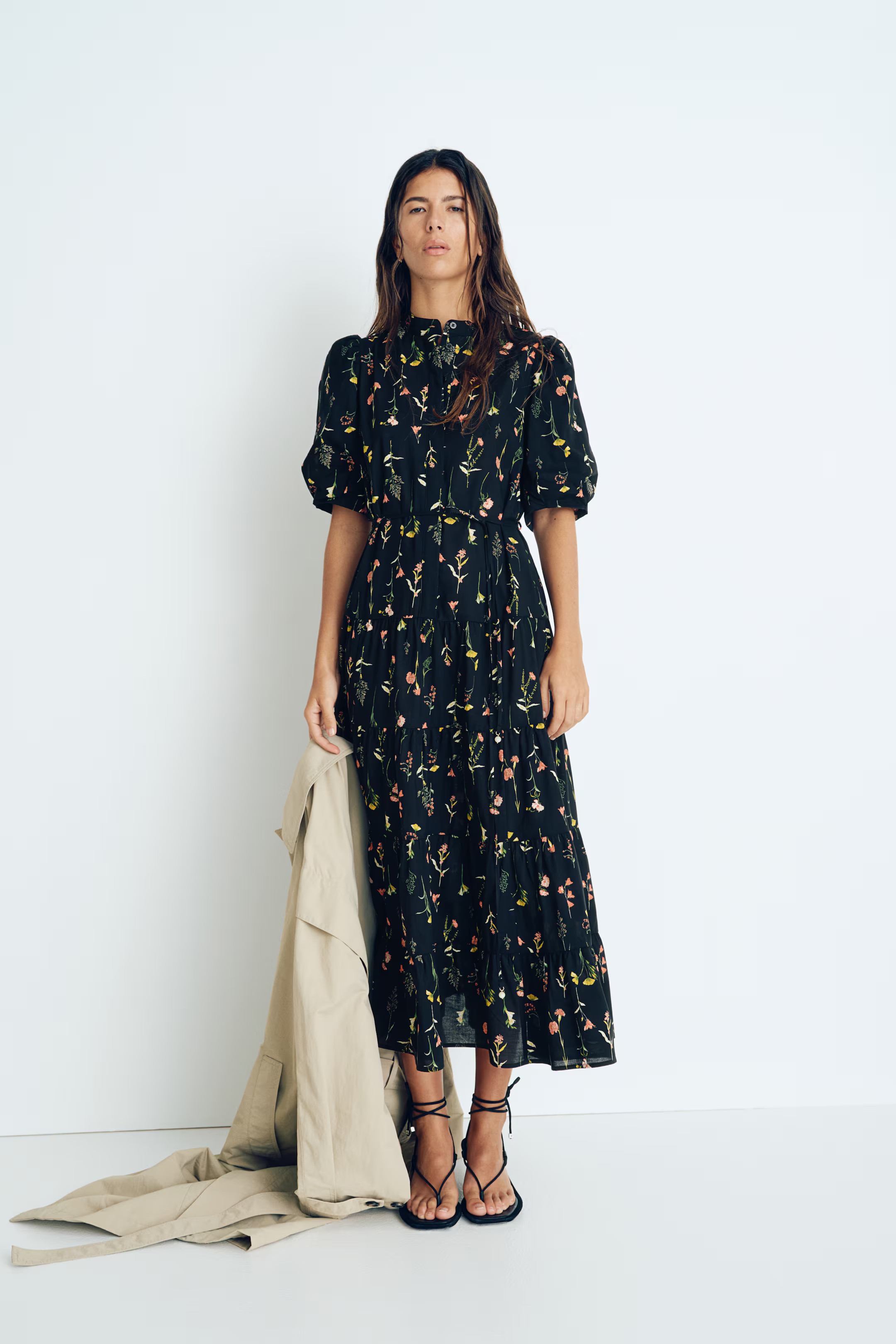 Long cotton dress - Black/Floral - Ladies | H&M GB | H&M (UK, MY, IN, SG, PH, TW, HK)