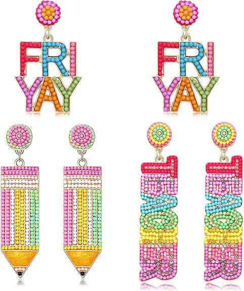 2/3 Pairs Pencil Earrings - Rhinestone Beaded Dangle Drop Earrings for Women - Colorful Teacher A... | Amazon (US)
