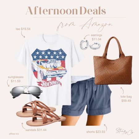 This outfit is all on sale and includes a patriotic Hot Wheels graphic tee paired with blue elastic waist shorts, a woven tote bag, brown sandals, aviator sunglasses, and huggie earrings. 

4th of July outfit, summer outfit, casual outfit, ootd

#LTKsalealert #LTKfindsunder50 #LTKstyletip