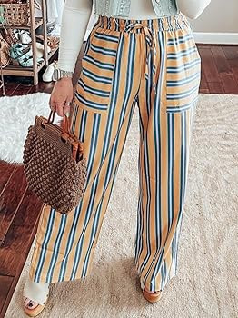 Women's Palazzo Pants Striped Wide Leg High Waist Casual Comfy Pants with Pockets | Amazon (US)