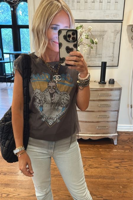 Graphic tee with tulle. I sized down to xxs

Mother denim (went with my bigger size 24 or 25, DID 25)

Girls night, concert style, Amazon, quilted tote

#LTKunder100 #LTKstyletip #LTKitbag
