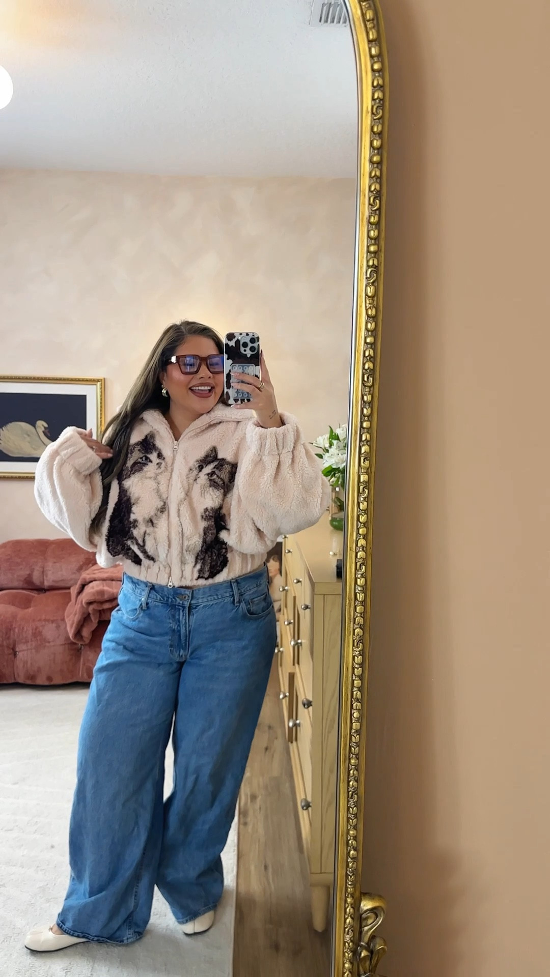 new kitty sweater 🎀✨🐈 wearing size XL in the jacket and 33 in the jeans 

#LTKootd #LTKMidsize #LTKStyleTip