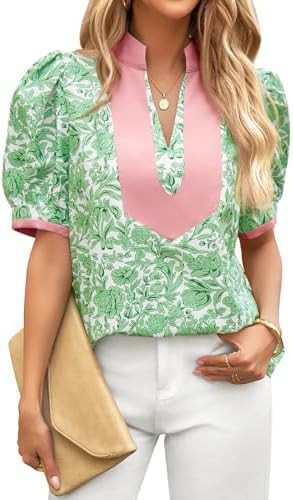 Cicy Bell Womens Floral Short Puff Sleeve Tops V Neck Patchwork Boho Summer Blouses Dressy Casual... | Amazon (US)