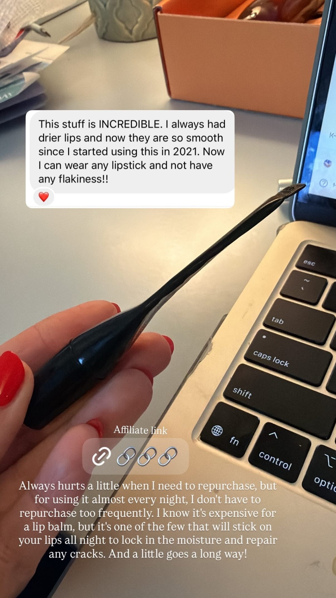 Affiliate link  Always hurts a little when I need to repurchase, but for using it almost every night, I don't have to repurchase too frequently. I know it's expensive for a lip balm, but it's one of the few that will stick on your lips all night to lock in the moisture and repair any cracks. And a little goes a long way!

#LTKmorningroutine #LTKselfcare #LTKBeauty