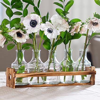 Le'raze Glass Flower Vase with Wooden Holder, Set of 6 Rectangular Bud Vases for Home Decor, Wedd... | Amazon (US)