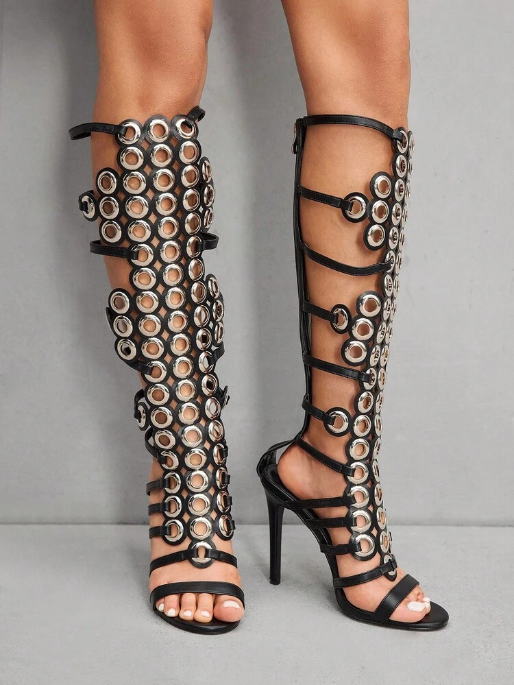 CUCCOO SZL New Fashionable European & American Style Sexy Rivet Hollow-Out Pointed Toe Super High Heel Boots Boots For Christmas | SHEIN