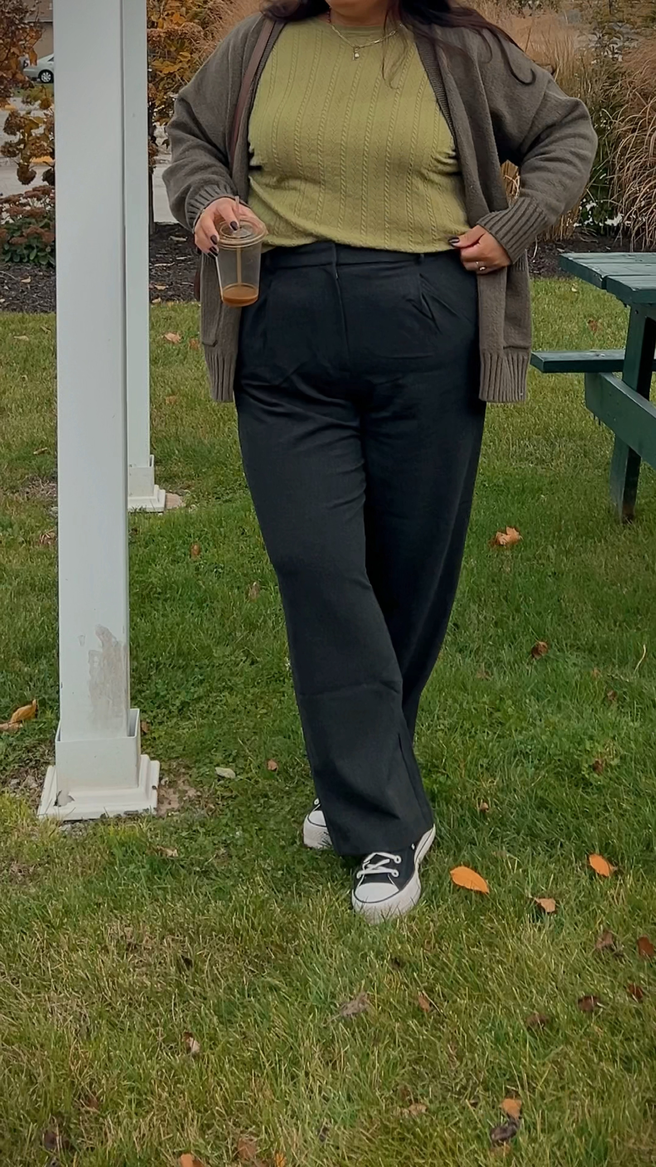 Sweater weather outfit. Fall outfit inspo. Autumn outfits. Comfortable thanksgiving outfit. Plus size trousers. Plus size fall outfit. Green sweater. Grandpa sweater. 

#LTKstyletip #LTKplussize #LTKSeasonal