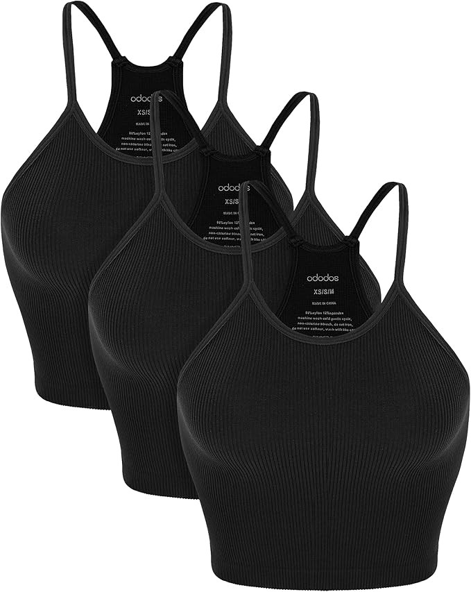 ODODOS Women's Crop 3-Pack Seamless Rib-Knit Camisole Crop Tank Tops | Amazon (US)