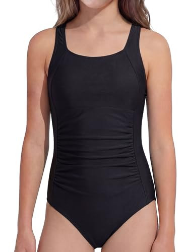 GDTOGRT Girls Swimsuit One Piece Bathing Suit UPF 50+ Adjustable Straps Padded Swimwear 13-14 - Black | Amazon (US)