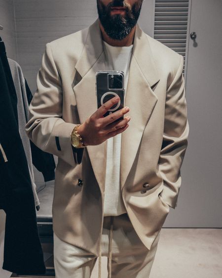 FEAR OF GOD Eternal Collection Double-Breasted Cavalry Wool-Twill Suit Jacket in ‘Beige’ (size 48), 3/4 Sleeve Wool Sweater in ‘Cream’ (size M), Classic Cotton Jersey Sweatpants in ‘Cement’ and California slides in ‘Greige’ (size 41). A relaxed and elevated men’s look that’s layered and perfect for a Spring date night out. 

#LTKmens #LTKstyletip