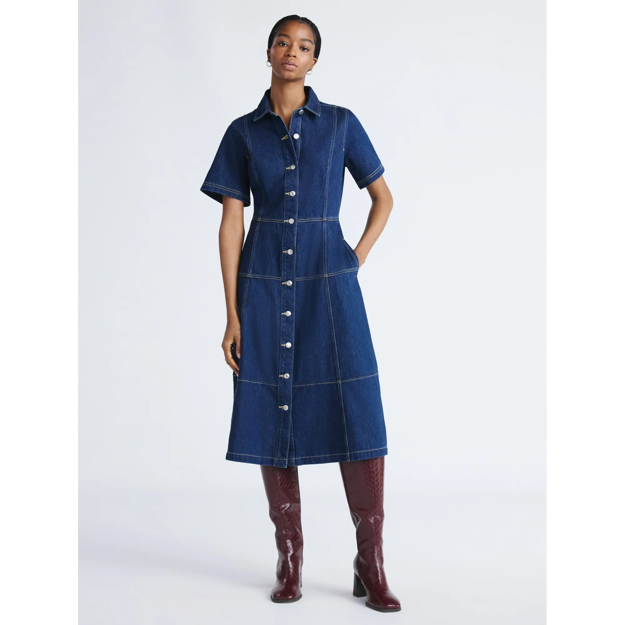 Free Assembly Women's Button Front Cotton Midi Dress with Short Sleeves, XS-XXL | Walmart (US)