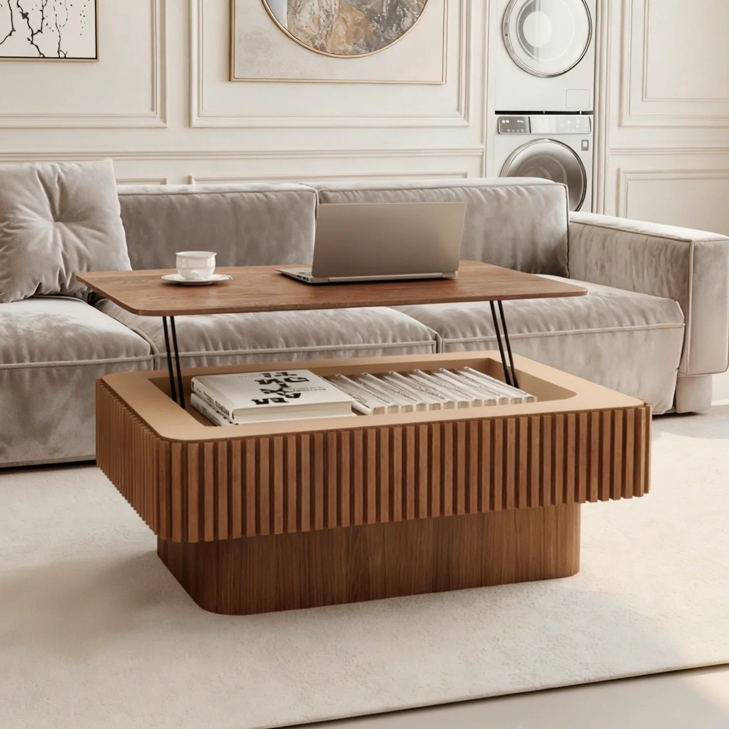38.6'' Fluted Lift-top Coffee Table Solid Wood Veneered Modern Coffee Table Accent Tea Table with... | Wayfair North America