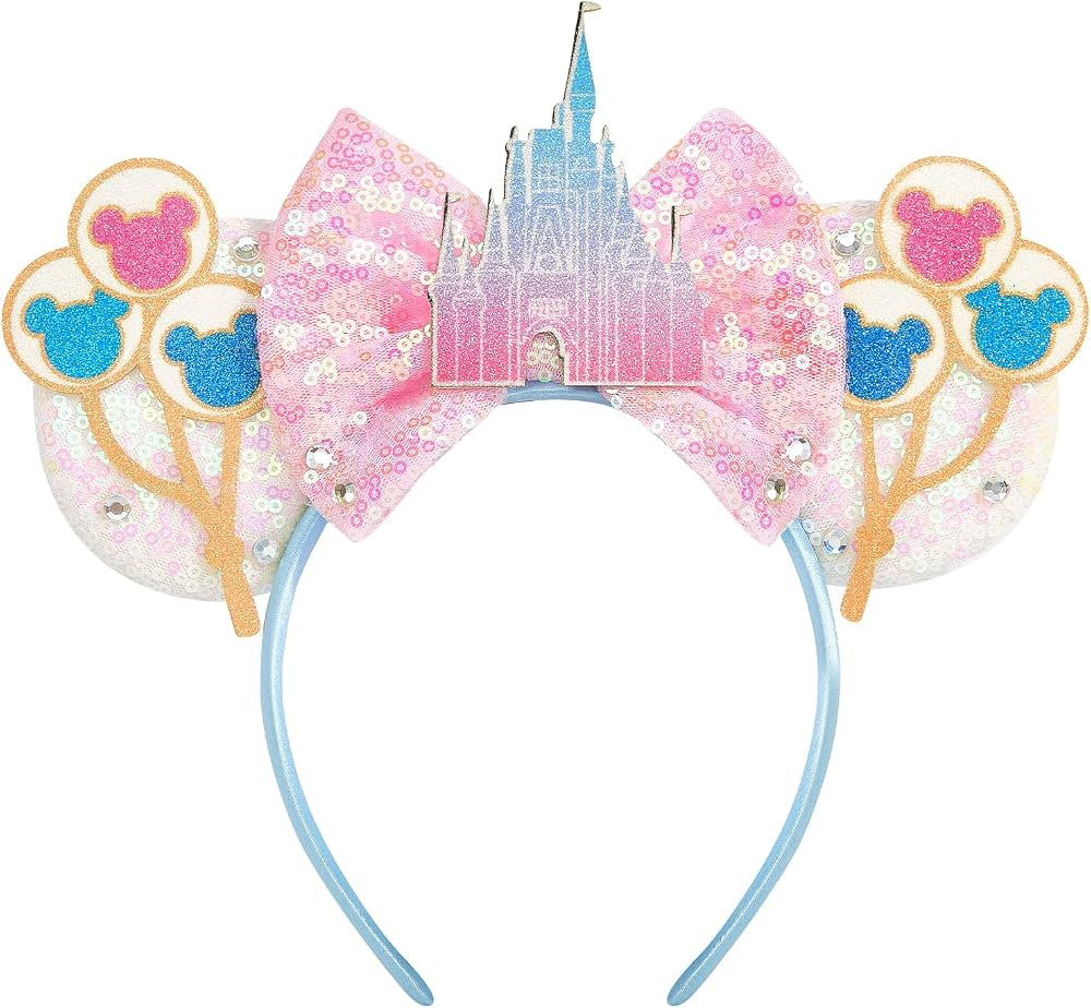 LYLIN Mouse Ears Headband, Sequin Pink Mouse Ears with Castle Bows for Women Girls, Princess Ears... | Amazon (US)