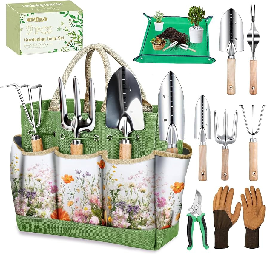 Garden Tools 9-Piece Heavy Duty Gardening Hand Tools with Floral Organizer Tote Bag, Rust-Proof G... | Amazon (US)
