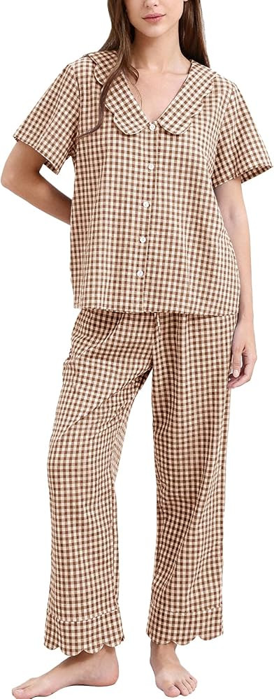 Flygo Womens Gingham Pajamas Set Cotton 2 Piece Pj Set Scalloped Collar Babydoll Shirt Pants Plai... | Amazon (US)