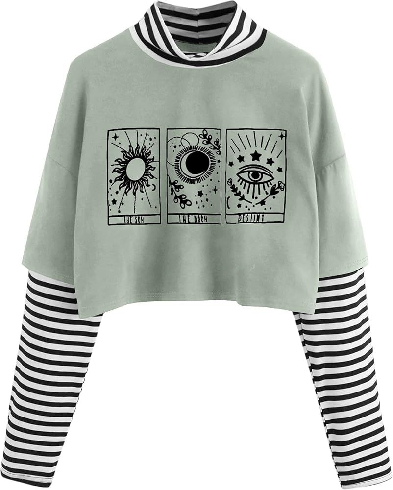 SweatyRocks Women's Color Block Butterfly Print Striped Long Sleeve Crop Top T Shirt | Amazon (US)