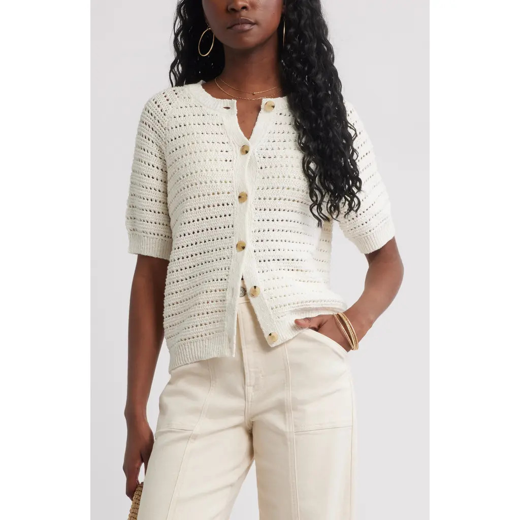 Treasure & Bond Open Stitch Short Sleeve Cotton Cardigan in Ivory Egret at Nordstrom Rack, Size Large | Nordstrom Rack