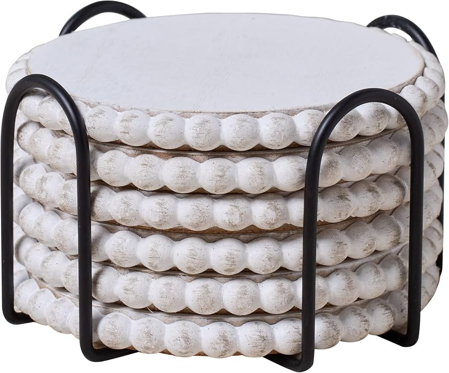 GENMOUS 6 Pack Farmhouse Wooden Bead Coasters with Metal Holder for Coffee Table Decor, Round Han... | Amazon (US)