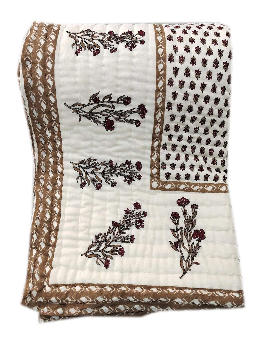 Brown Floral Print Quilt, Block Print Quilt, Handmade Quilt, Reversible Soft Cotton Quilt, Kantha... | Etsy (US)